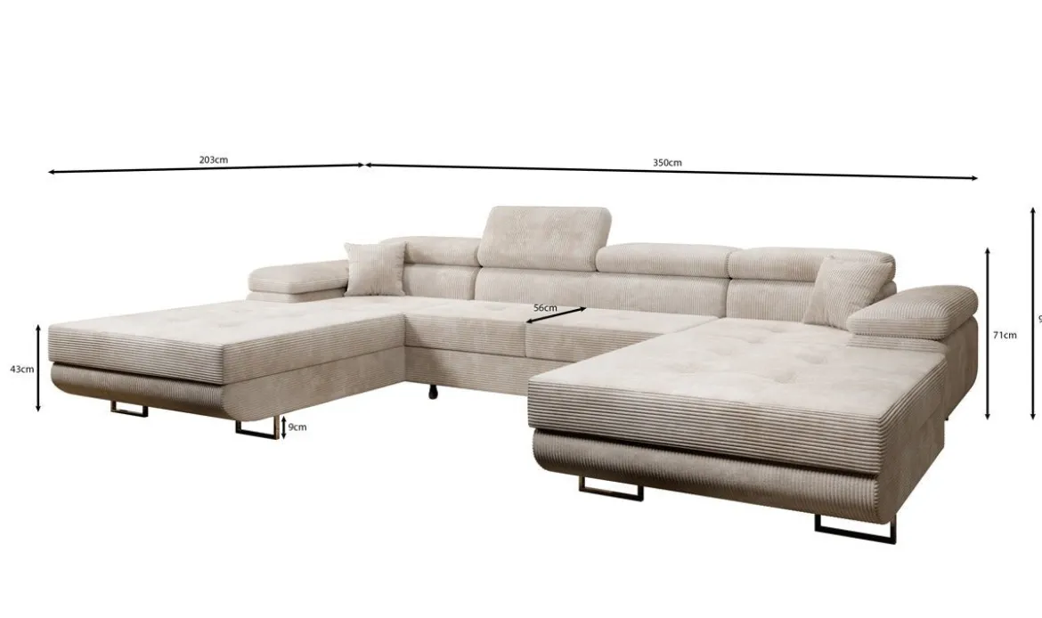 Designer Sofa Calvera U mit Schlaf- und Klappfunktion in Cord