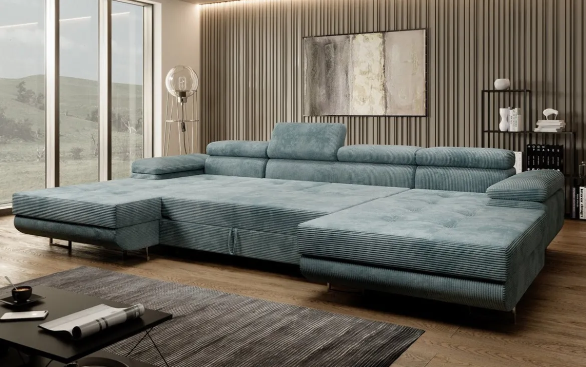 Designer Sofa Calvera U mit Schlaf- und Klappfunktion in Cord