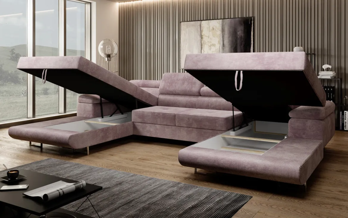 Designer Sofa Calvera U mit Schlaf- und Klappfunktion in Cord
