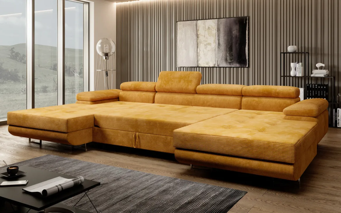 Designer Sofa Calvera U mit Schlaf- und Klappfunktion in Cord