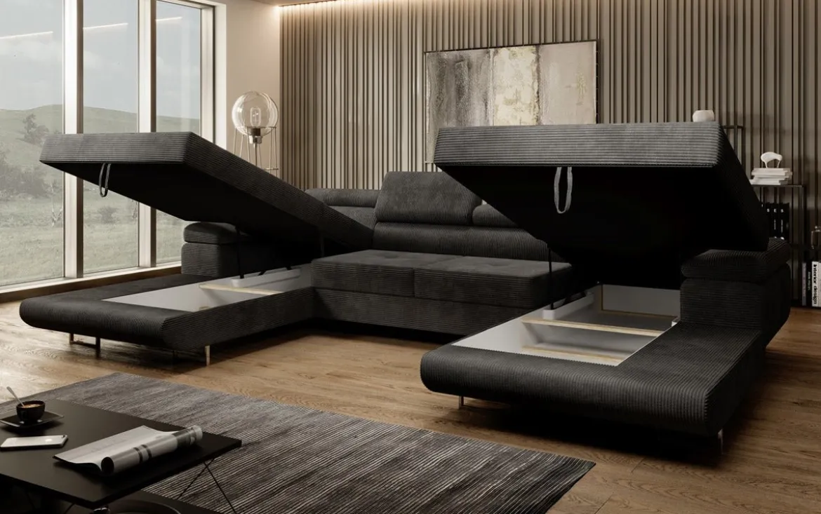 Designer Sofa Calvera U mit Schlaf- und Klappfunktion in Cord