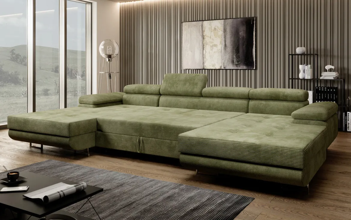 Designer Sofa Calvera U mit Schlaf- und Klappfunktion in Cord