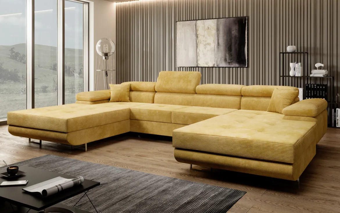 Designer Sofa Calvera U mit Schlaf- und Klappfunktion in Cord