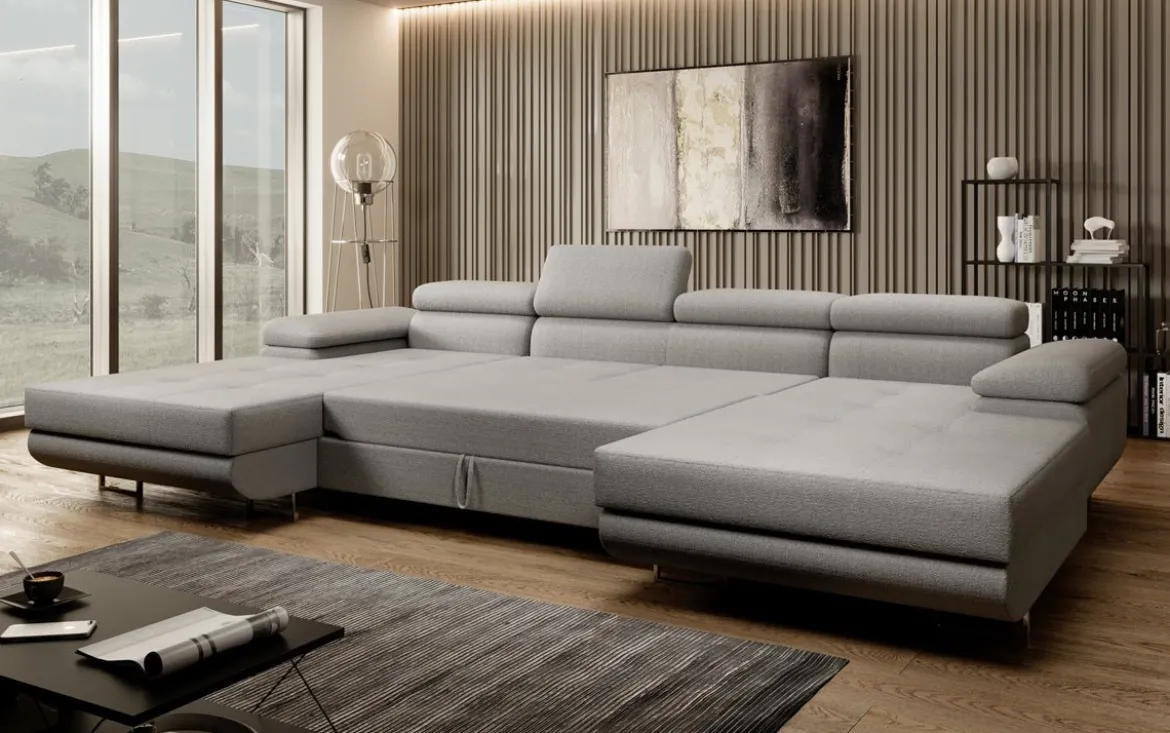 Designer Sofa Calvera U mit Schlaf- und Klappfunktion in Bouclé