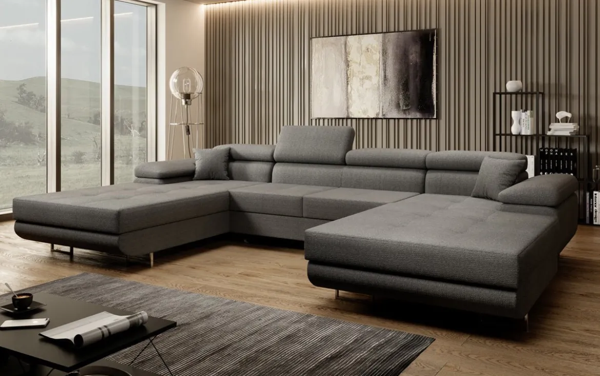 Designer Sofa Calvera U mit Schlaf- und Klappfunktion in Bouclé