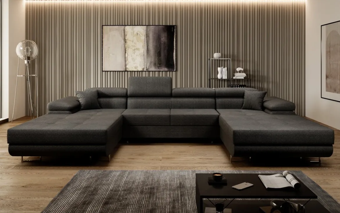 Designer Sofa Calvera U mit Schlaf- und Klappfunktion in Bouclé