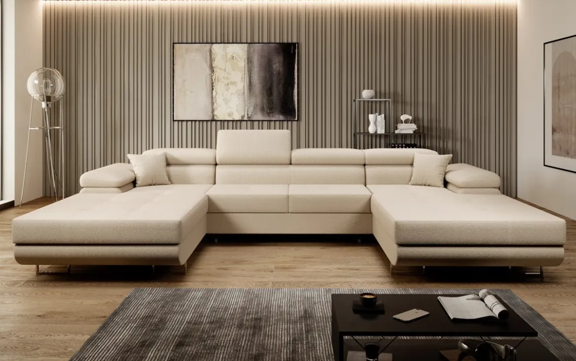Designer Sofa Calvera U mit Schlaf- und Klappfunktion in Bouclé
