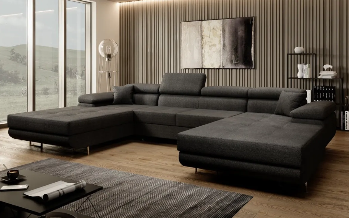 Designer Sofa Calvera U mit Schlaf- und Klappfunktion in Bouclé