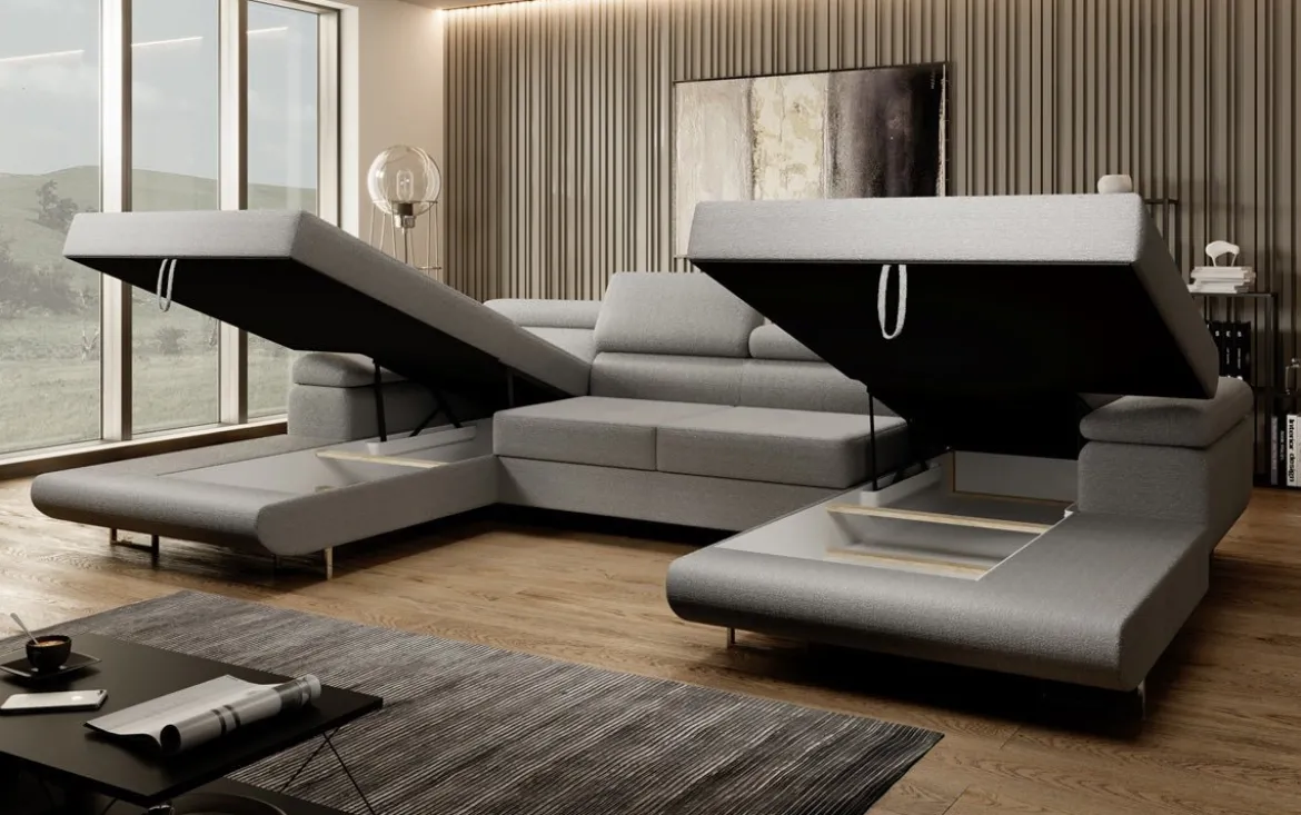 Designer Sofa Calvera U mit Schlaf- und Klappfunktion in Bouclé