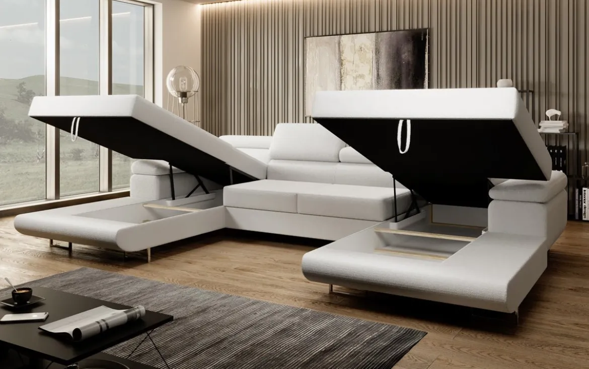 Designer Sofa Calvera U mit Schlaf- und Klappfunktion in Bouclé