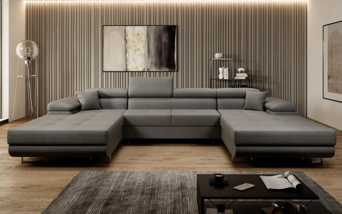 Designer Sofa Calvera U mit Schlaf- und Klappfunktion in Bouclé