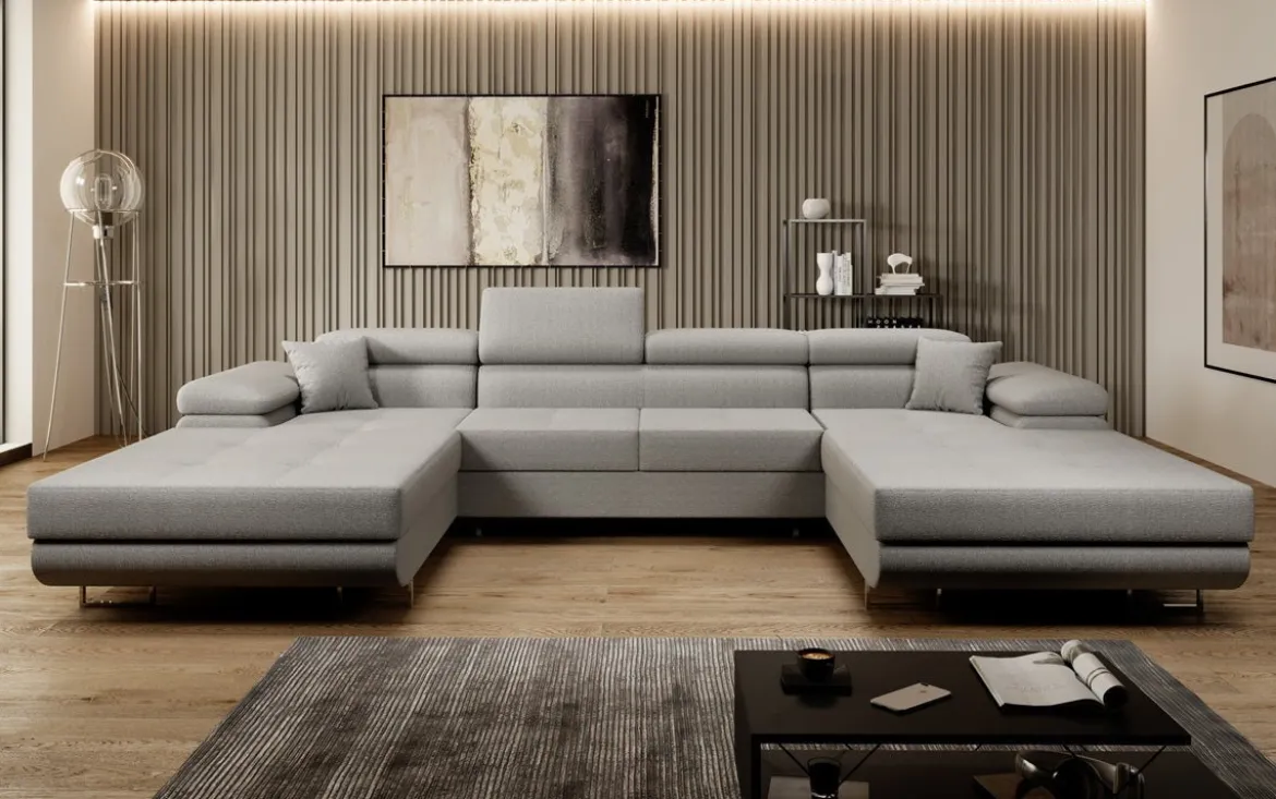 Designer Sofa Calvera U mit Schlaf- und Klappfunktion in Bouclé