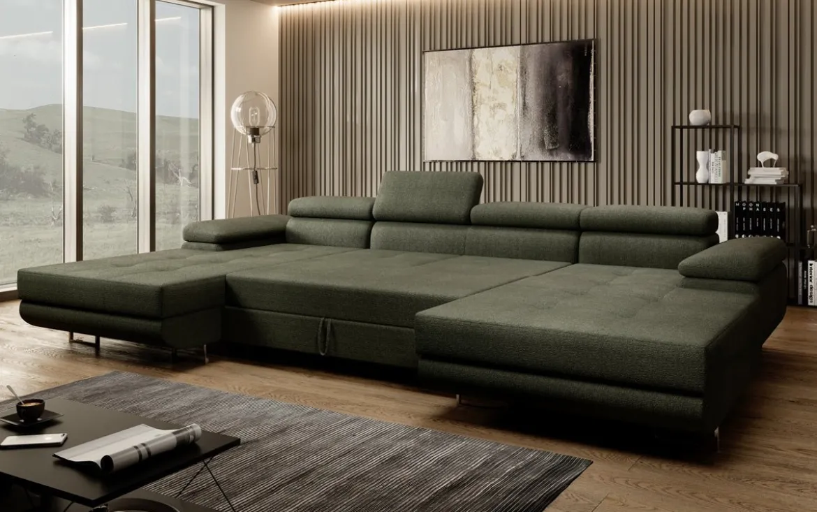 Designer Sofa Calvera U mit Schlaf- und Klappfunktion in Bouclé