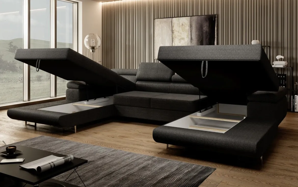 Designer Sofa Calvera U mit Schlaf- und Klappfunktion in Bouclé
