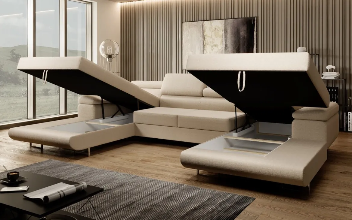 Designer Sofa Calvera U mit Schlaf- und Klappfunktion in Bouclé