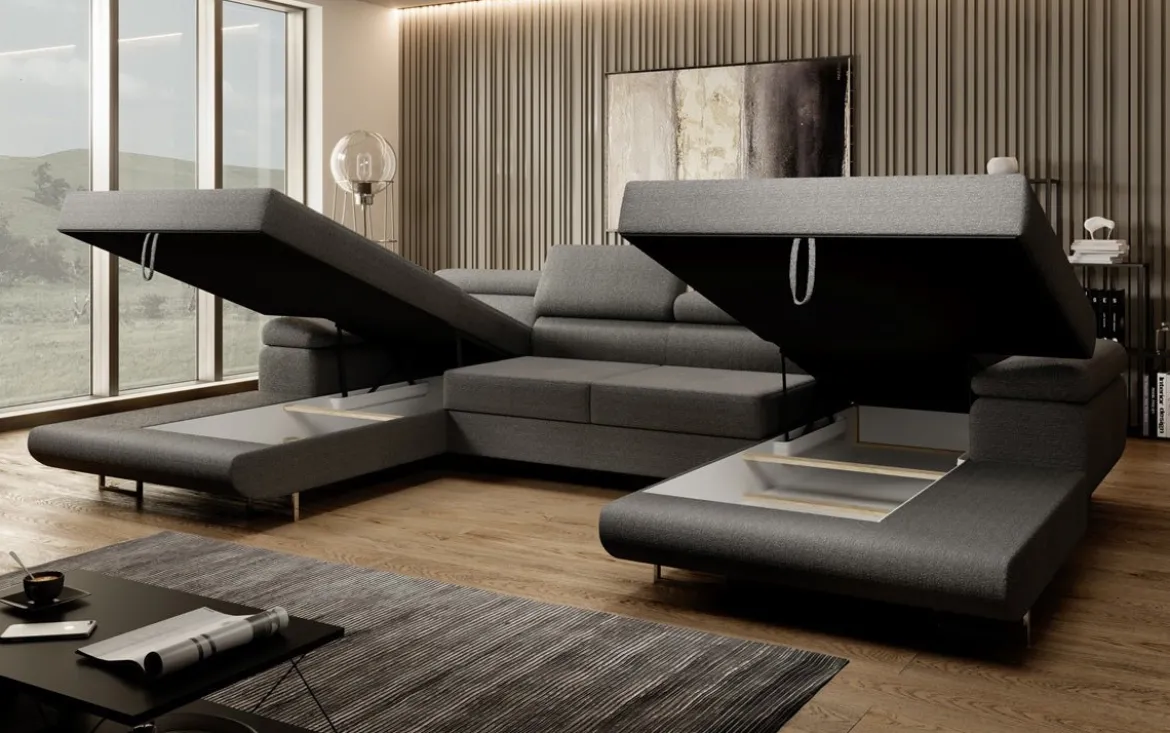 Designer Sofa Calvera U mit Schlaf- und Klappfunktion in Bouclé