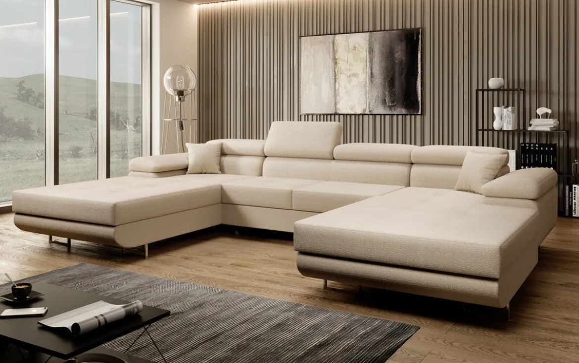 Designer Sofa Calvera U mit Schlaf- und Klappfunktion in Bouclé