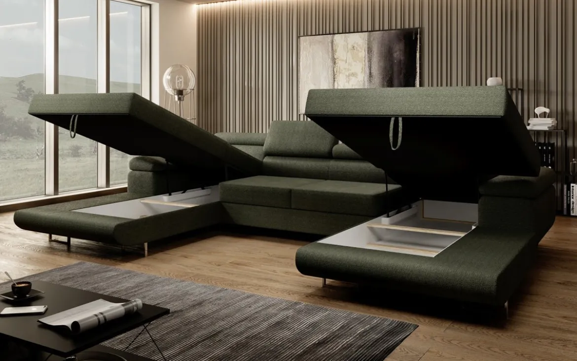 Designer Sofa Calvera U mit Schlaf- und Klappfunktion in Bouclé