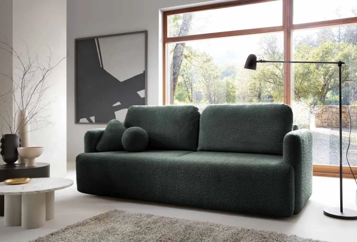 Designer Sofa Celiné Bouclé mit Schlaffunktion und Stauraum