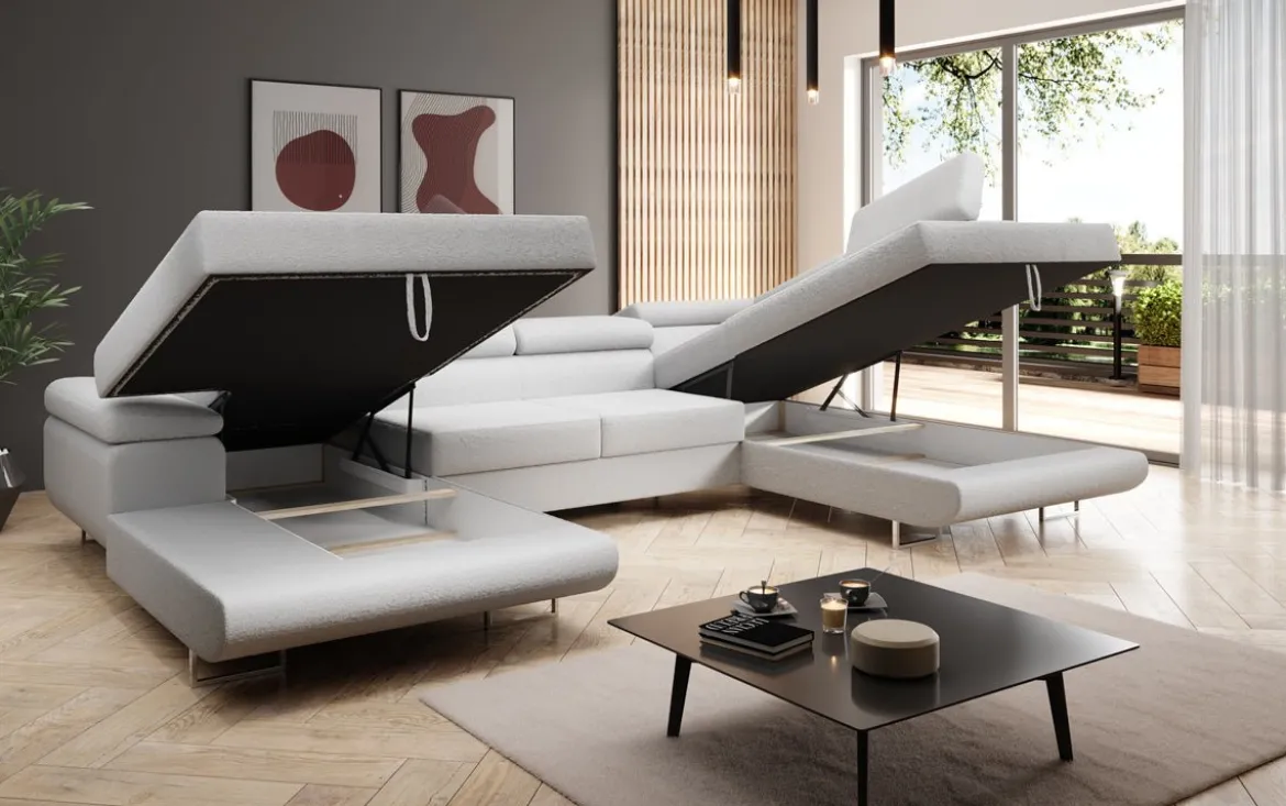 Designer Sofa Lago mit Schlaf - und Klappfunktion in Bouclé