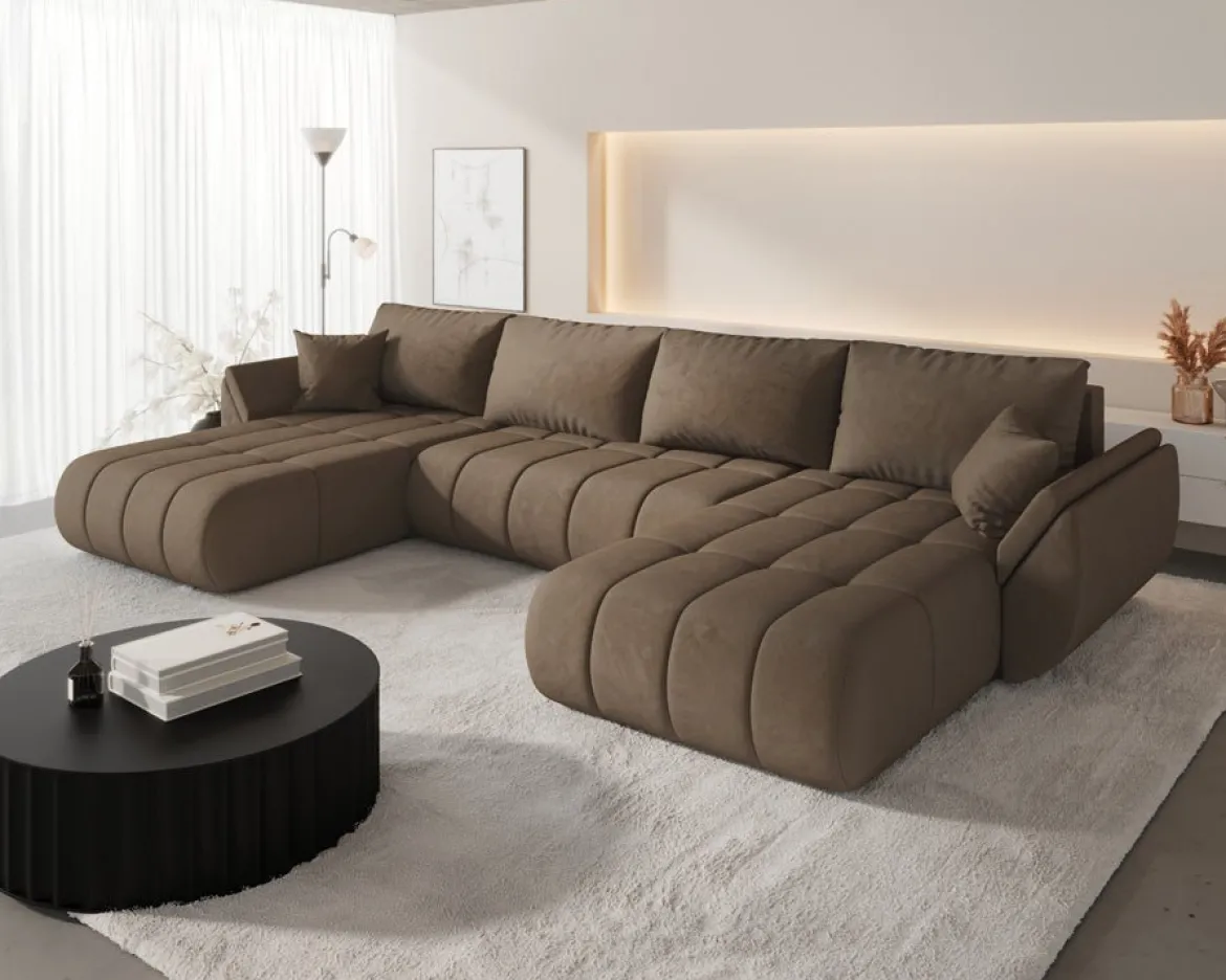 Designer Sofa Lenoa U mit Schlaf- und Klappfunktion in Samt