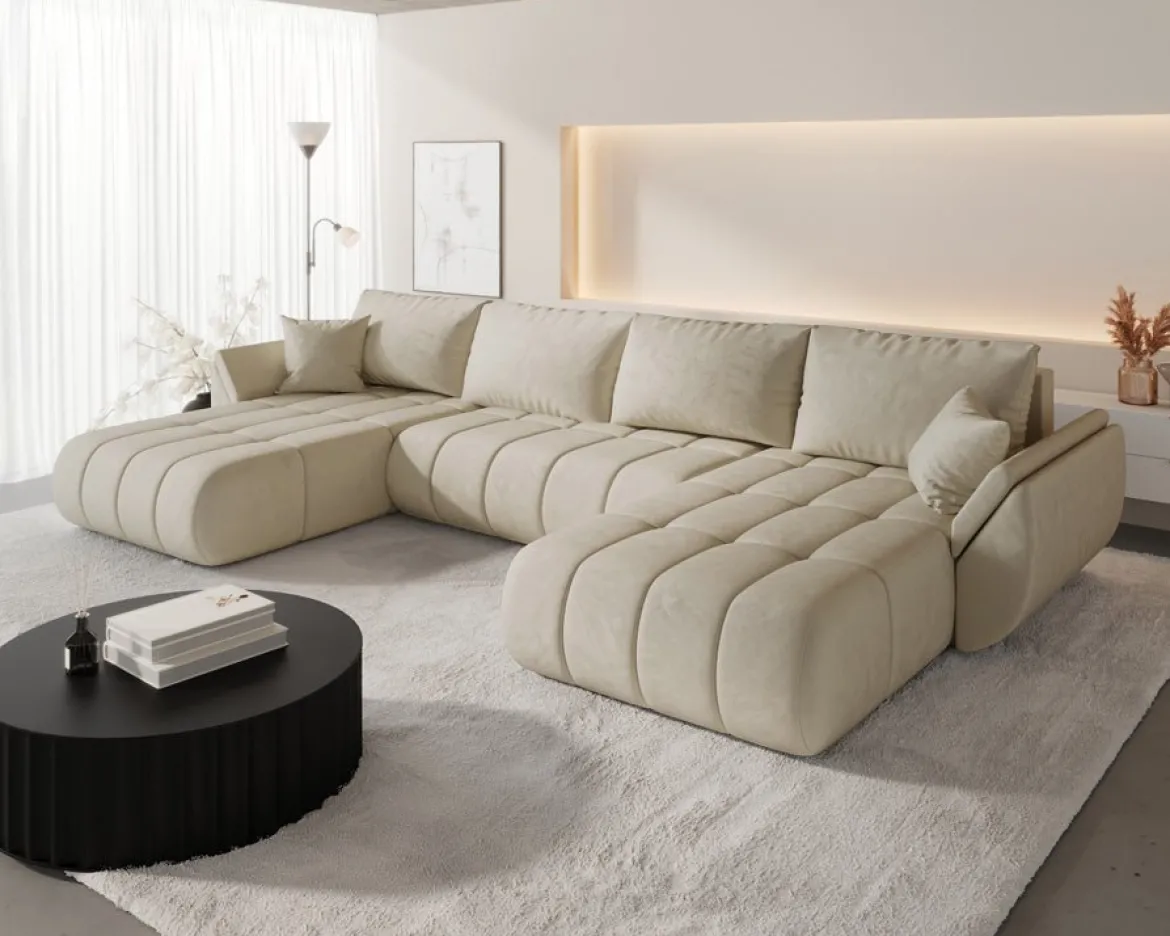 Designer Sofa Lenoa U mit Schlaf- und Klappfunktion in Samt