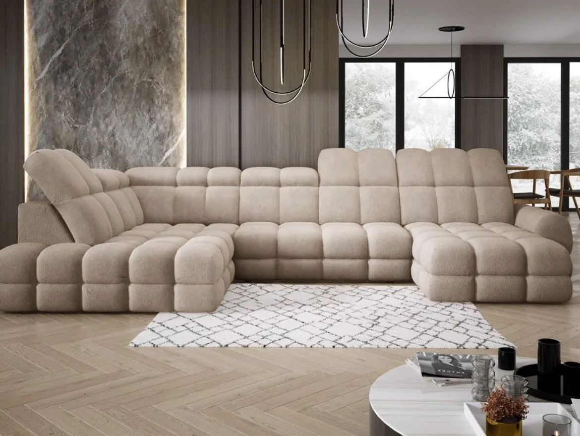 Designer Sofa Lima U mit elektrischer Schlaffunktion in Bouclé