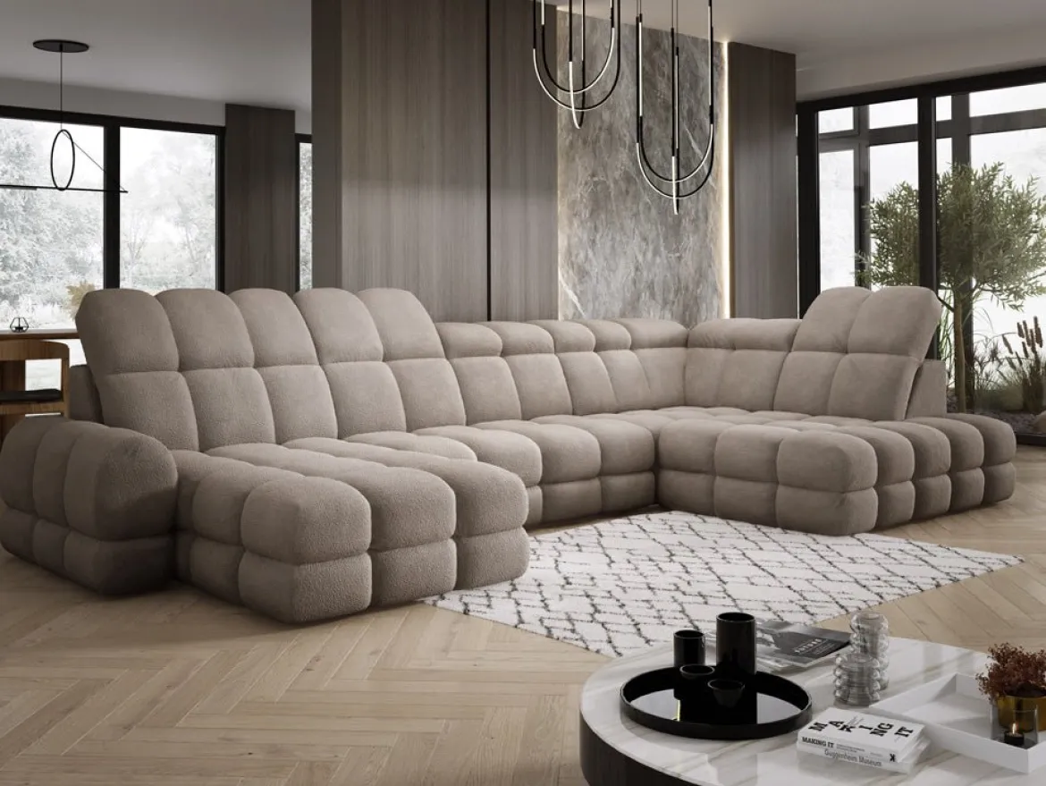 Designer Sofa Lima U mit elektrischer Schlaffunktion in Bouclé
