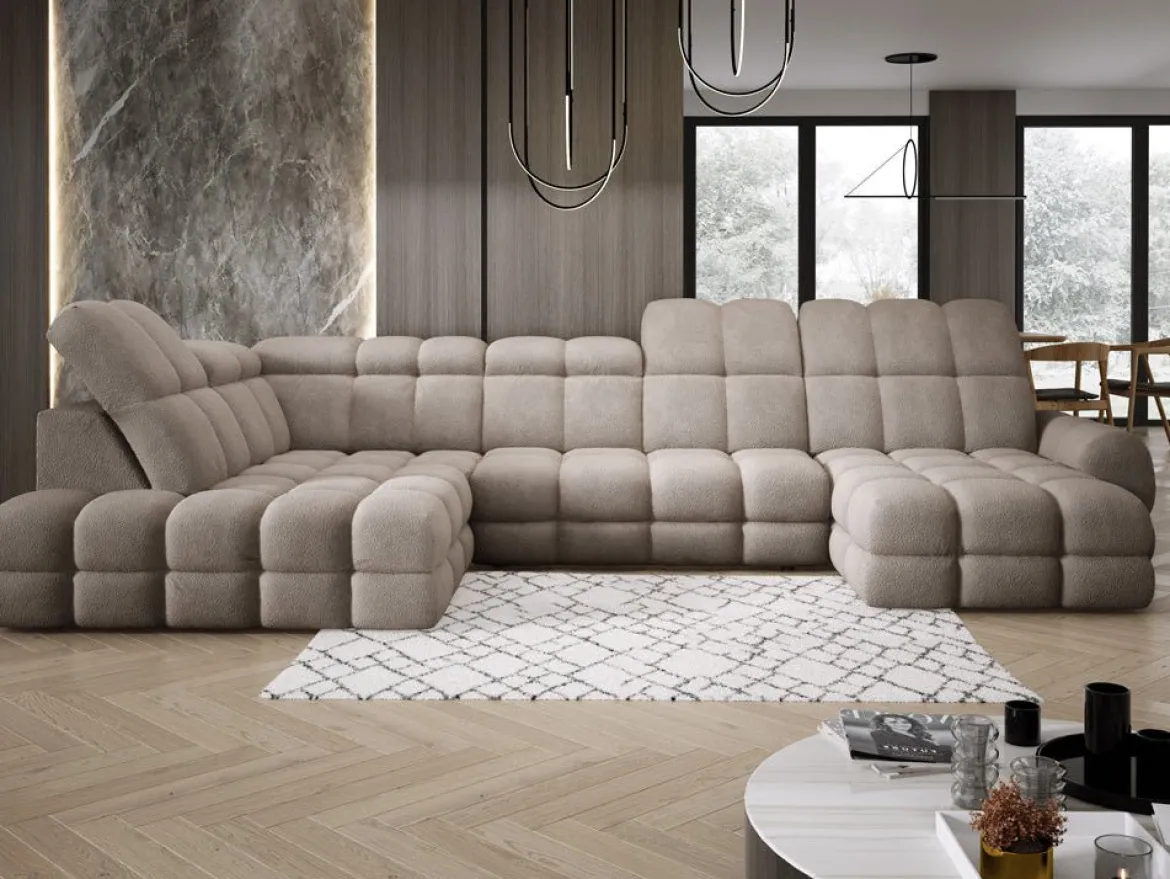 Designer Sofa Lima U mit elektrischer Schlaffunktion in Bouclé