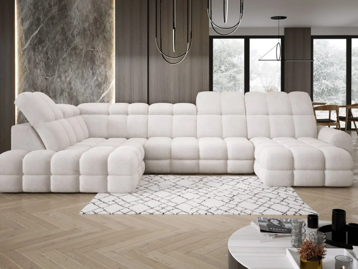 Designer Sofa Lima U mit elektrischer Schlaffunktion in Bouclé