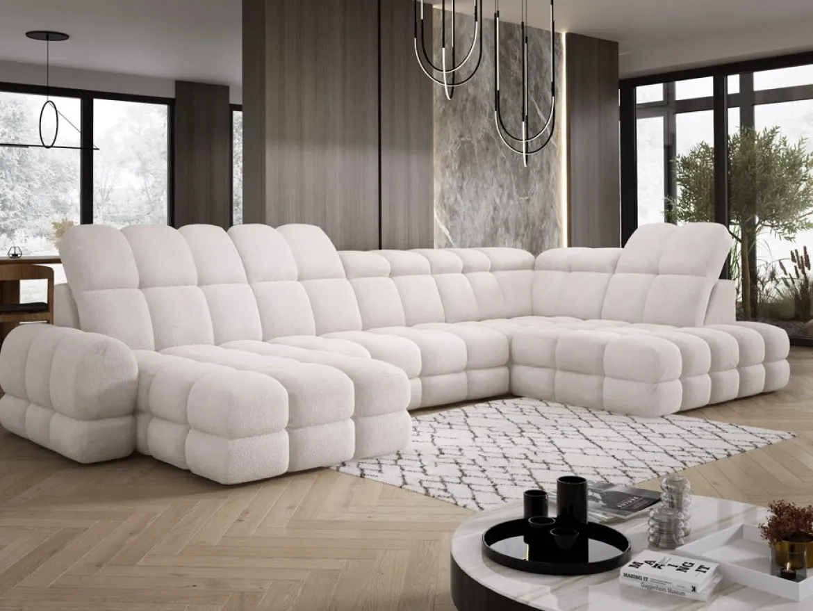 Designer Sofa Lima U mit elektrischer Schlaffunktion in Bouclé