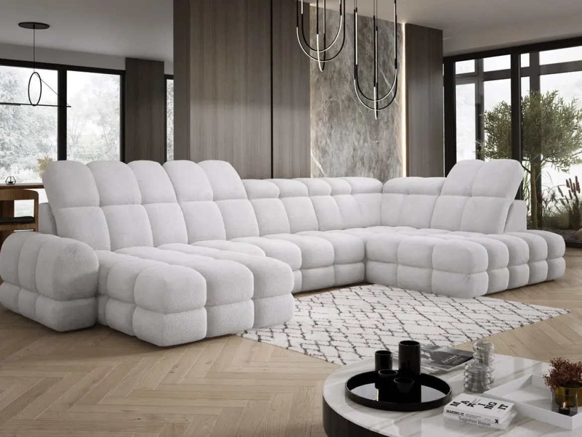 Designer Sofa Lima U mit elektrischer Schlaffunktion in Bouclé