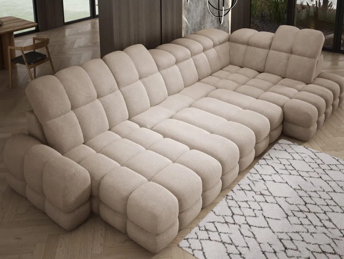 Designer Sofa Lima U mit elektrischer Schlaffunktion in Bouclé