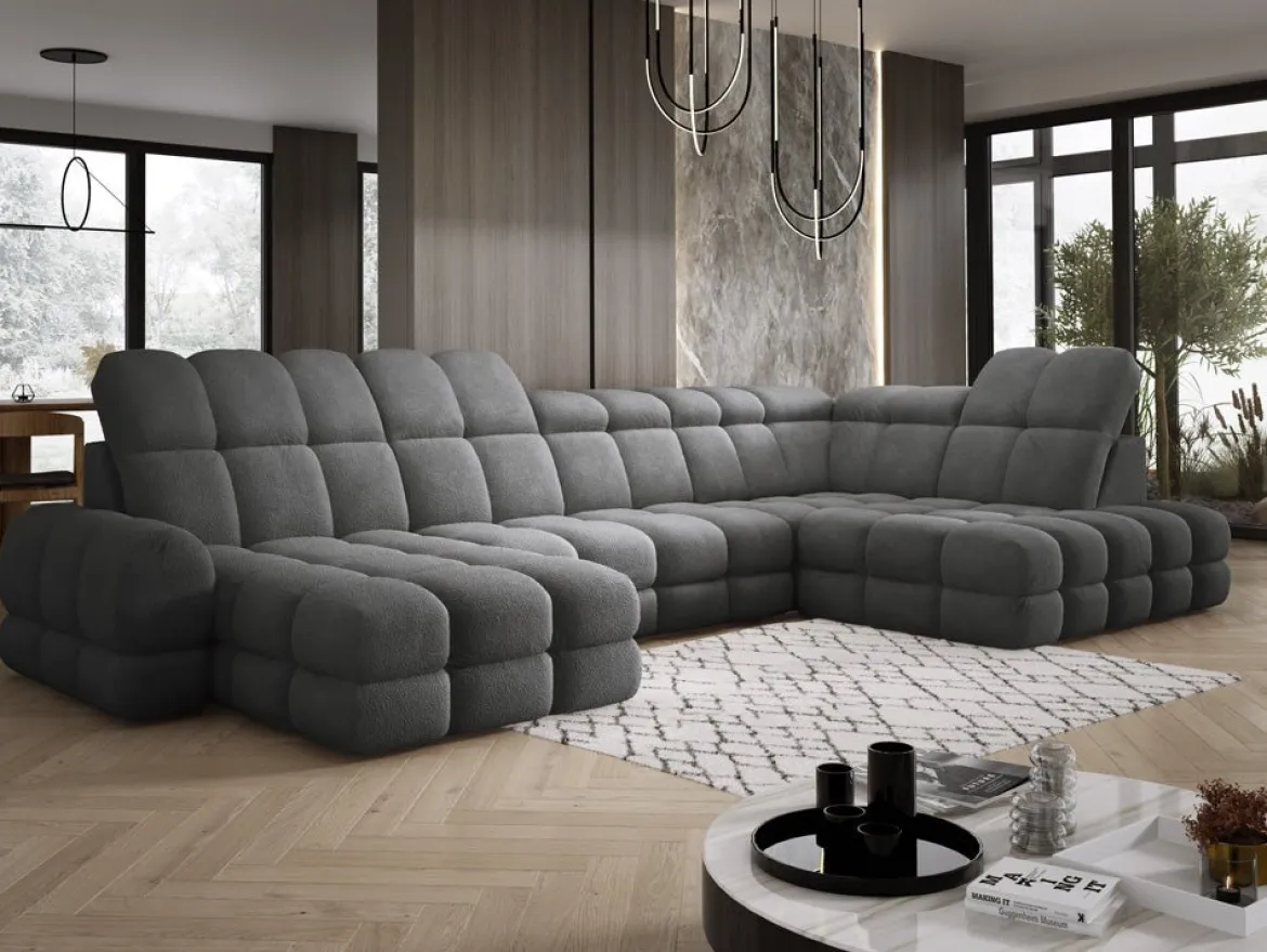 Designer Sofa Lima U mit elektrischer Schlaffunktion in Bouclé