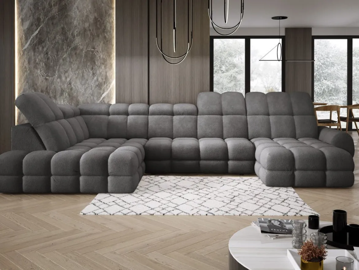 Designer Sofa Lima U mit elektrischer Schlaffunktion in Bouclé