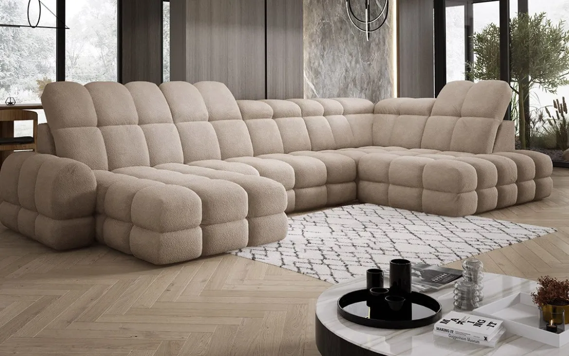 Designer Sofa Lima U mit elektrischer Schlaffunktion in Bouclé
