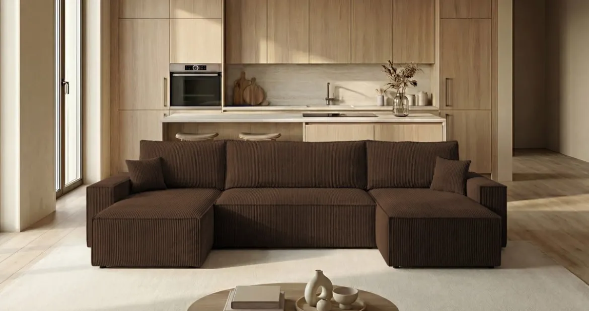 Designer Sofa Lunaro U Mini mit Schlaffunktion und Stauraum in Cord