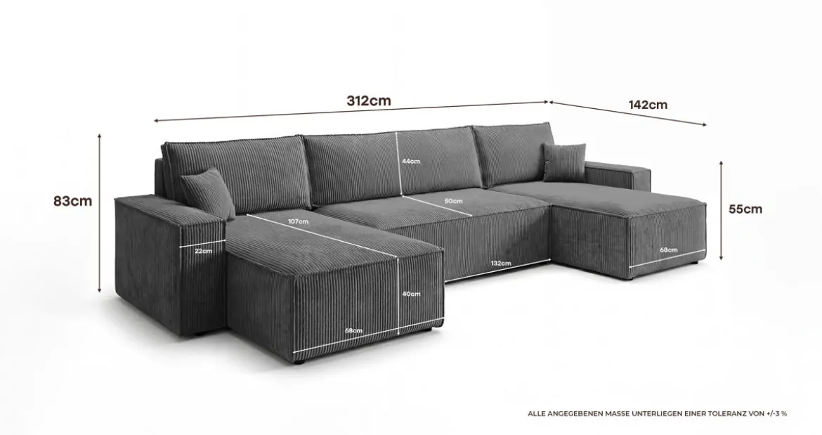 Designer Sofa Lunaro U Mini mit Schlaffunktion und Stauraum in Cord
