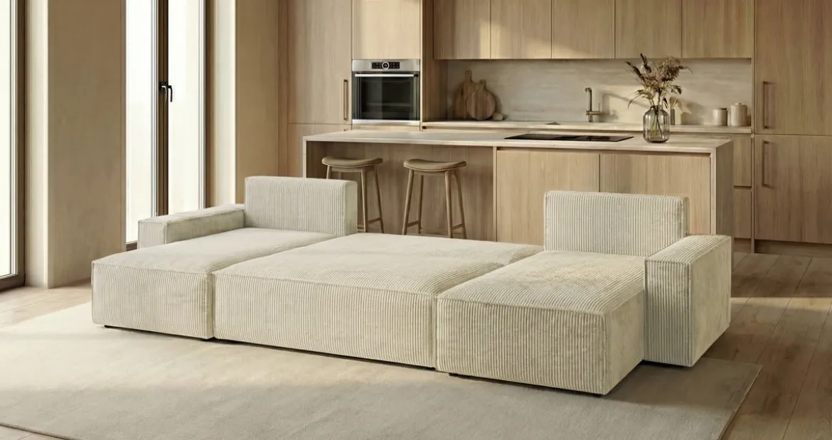 Designer Sofa Lunaro U Mini mit Schlaffunktion und Stauraum in Cord