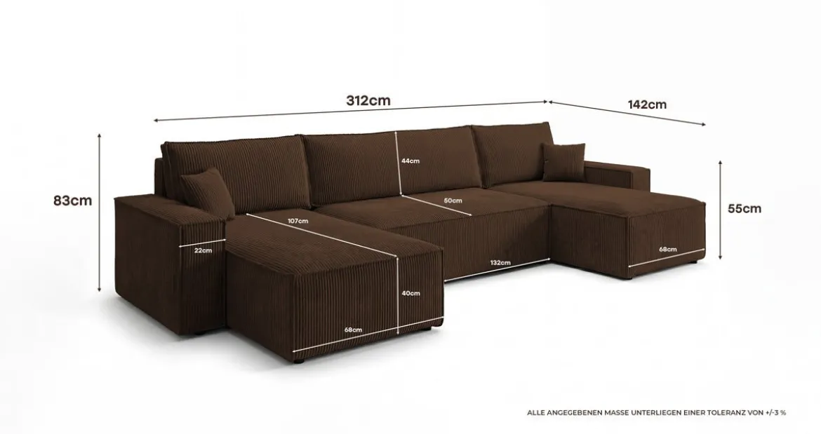 Designer Sofa Lunaro U Mini mit Schlaffunktion und Stauraum in Cord