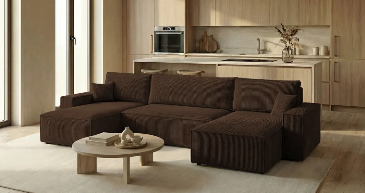 Designer Sofa Lunaro U Mini mit Schlaffunktion und Stauraum in Cord