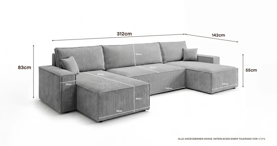 Designer Sofa Lunaro U Mini mit Schlaffunktion und Stauraum in Cord