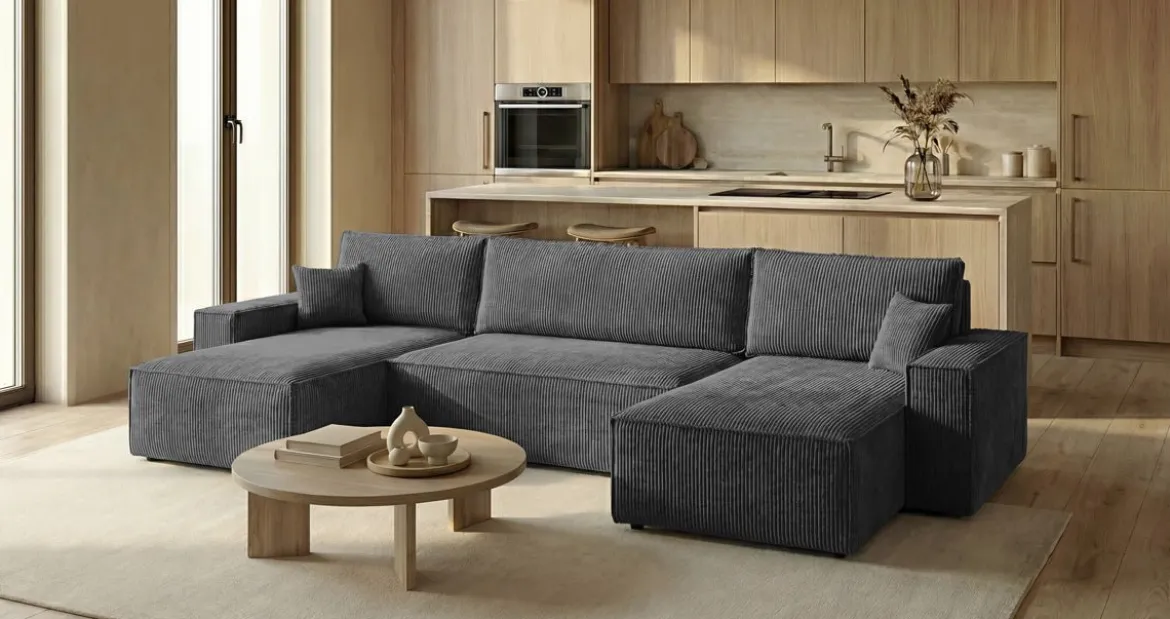 Designer Sofa Lunaro U Mini mit Schlaffunktion und Stauraum in Cord