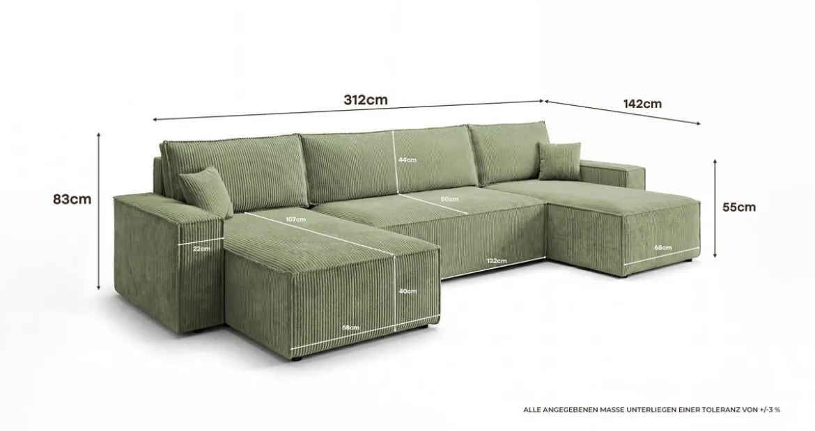 Designer Sofa Lunaro U Mini mit Schlaffunktion und Stauraum in Cord