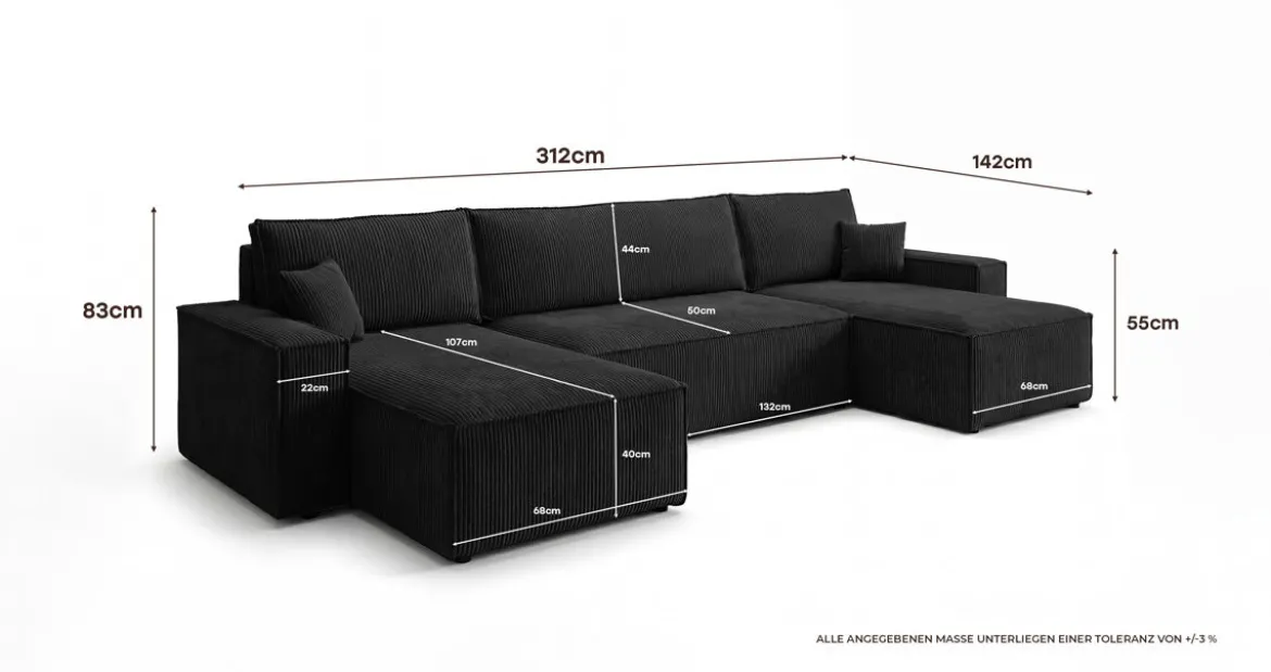 Designer Sofa Lunaro U Mini mit Schlaffunktion und Stauraum in Cord