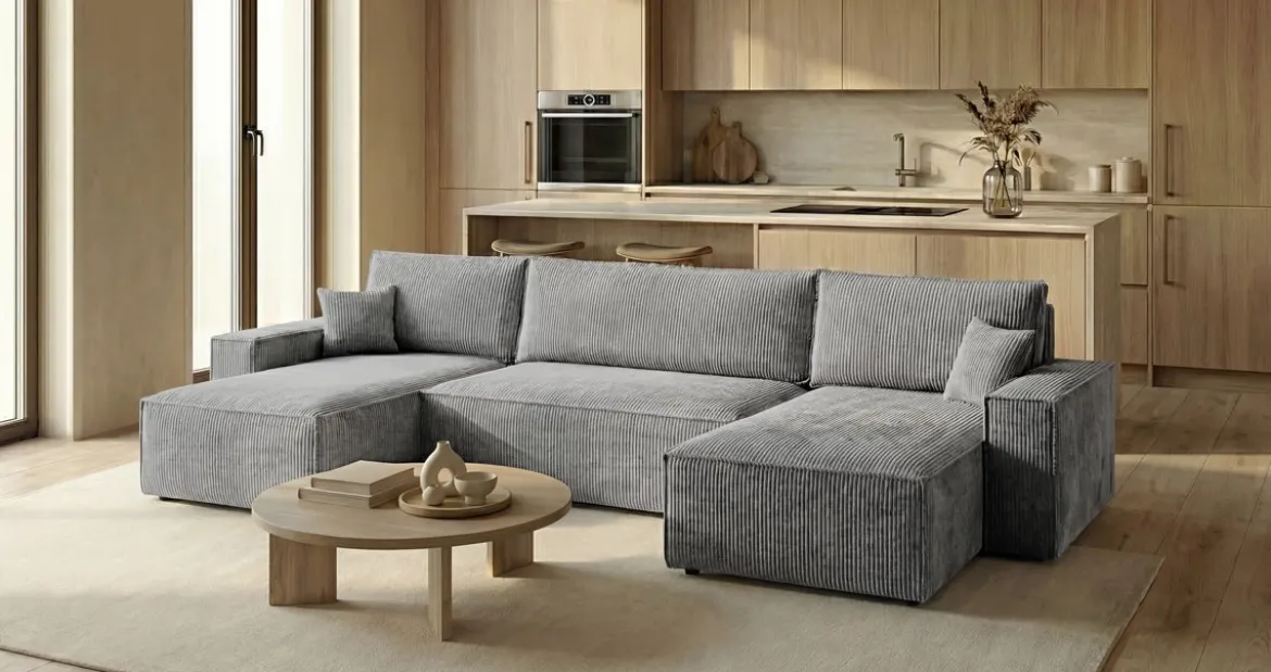 Designer Sofa Lunaro U Mini mit Schlaffunktion und Stauraum in Cord