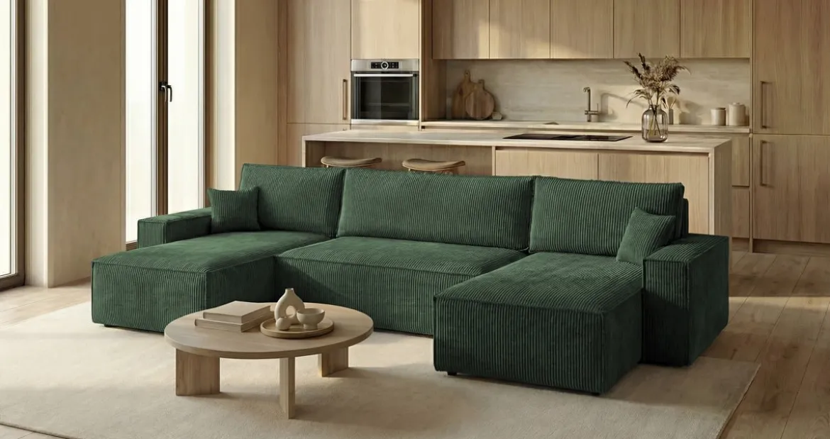 Designer Sofa Lunaro U Mini mit Schlaffunktion und Stauraum in Cord