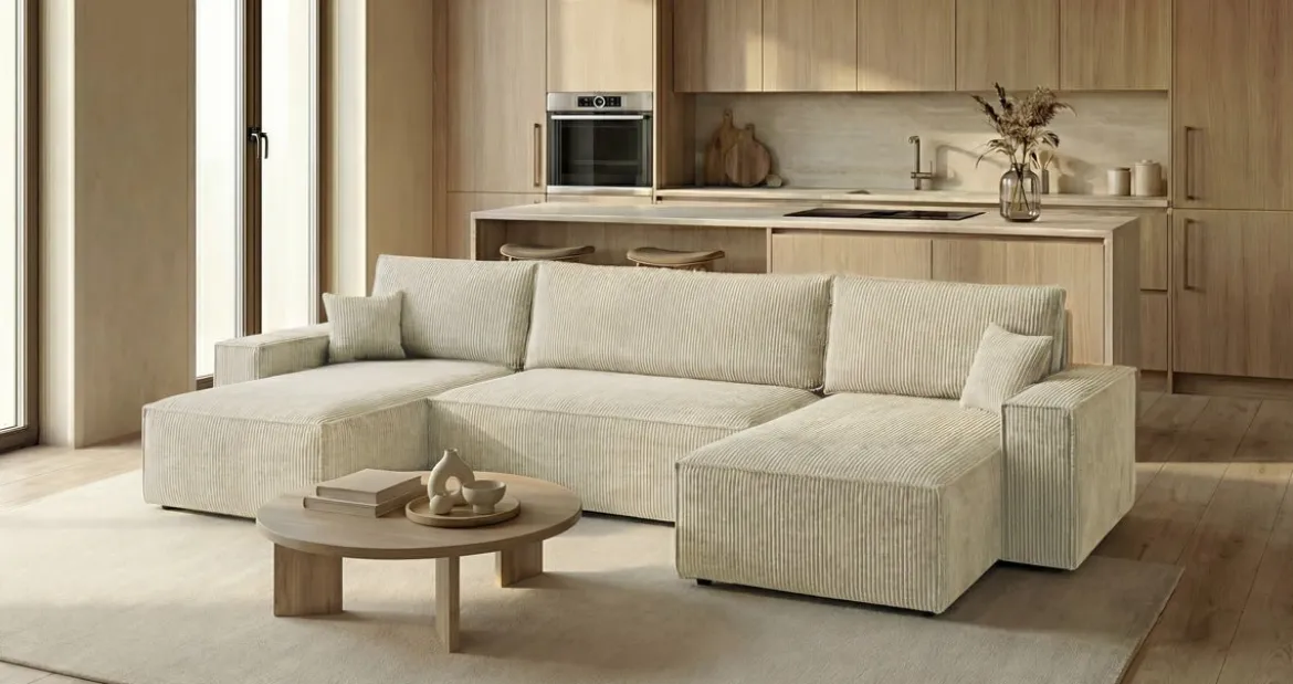 Designer Sofa Lunaro U Mini mit Schlaffunktion und Stauraum in Cord