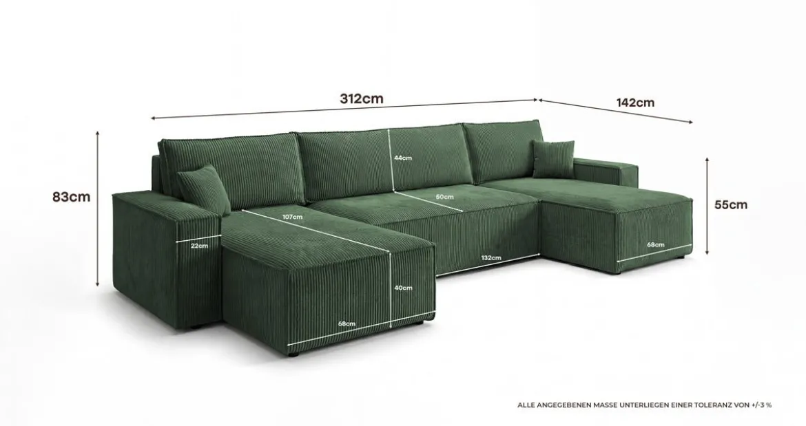 Designer Sofa Lunaro U Mini mit Schlaffunktion und Stauraum in Cord