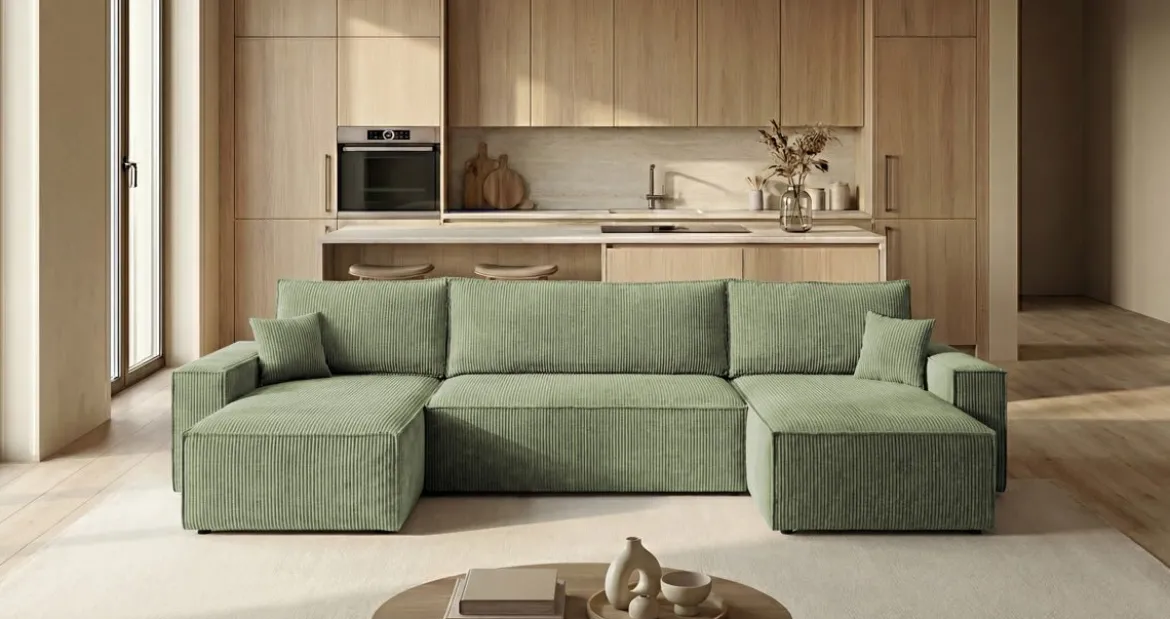 Designer Sofa Lunaro U Mini mit Schlaffunktion und Stauraum in Cord